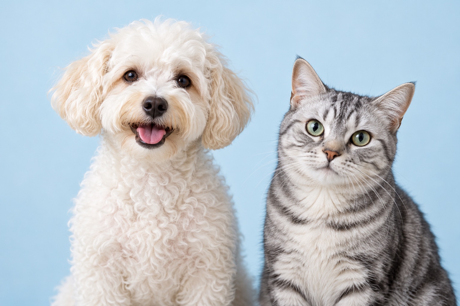 Illustrative portrait of a white curly dog beside a silver tabby cat